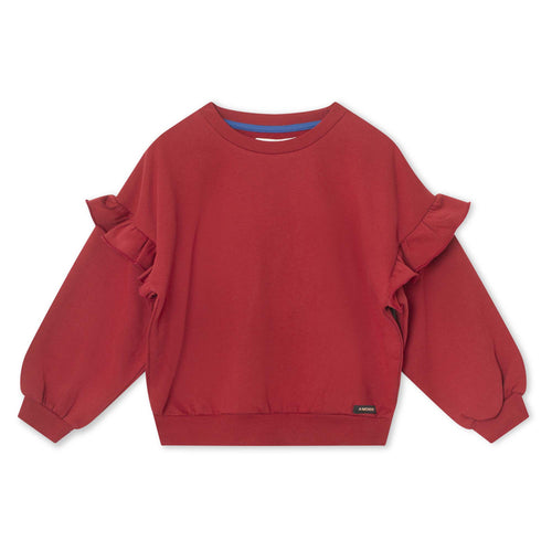 Roodbruine meisjes-sweater met sierlijke ruches langs de mouwen van A Monday In Copenhagen. | Verkrijgbaar voor meisjes van 4 tot 12 bij Little Fashion Addict.