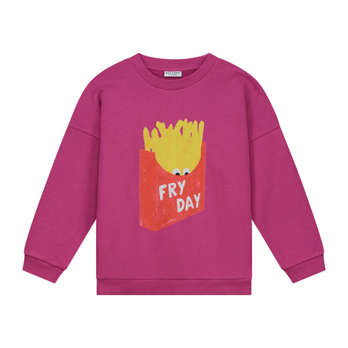 Fry-Day Sweater voor meisjes in roze met frietjesprint en geribbelde boorden van Daily Brat | Vekrijgbaar bij Little Fashion Addict