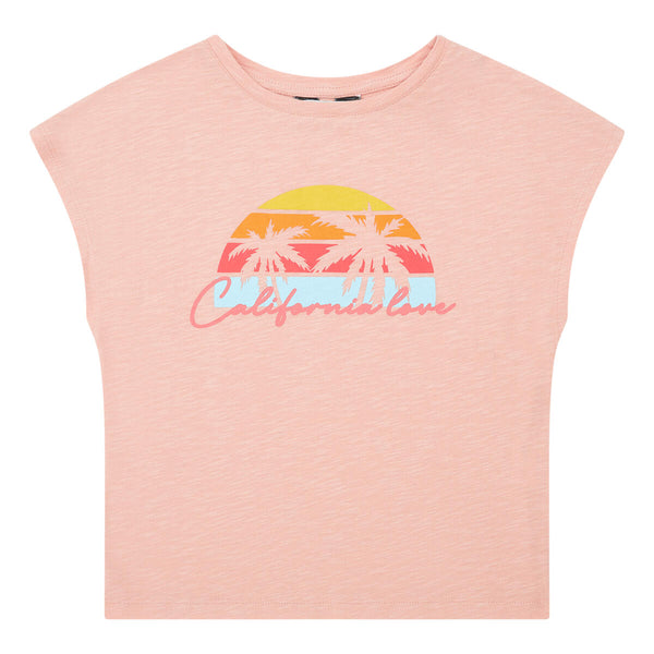 Littlefashionaddict - Hundred Pieces poederroze meisjes T-shirt met 'California Love' en palmbomen print. | Verkrijgbaar vanaf 4 tot 12 jaar