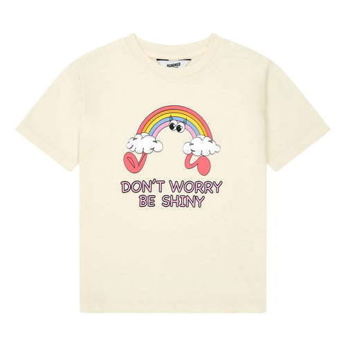 Littlefashionaddict - Hundred Pieces ecru meisjes T-shirt met regenboog print en 'Don't worry be shiny'. Verkrijgbaar vanaf 4 tot 12 jaar