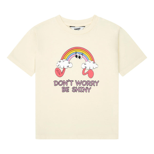 Littlefashionaddict - Hundred Pieces ecru meisjes T-shirt met regenboog print en 'Don't worry be shiny'. Verkrijgbaar vanaf 4 tot 12 jaar