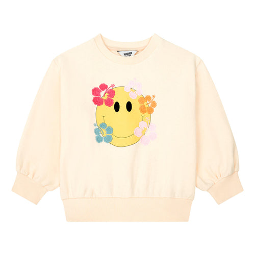 Littlefashionaddict - Hundred Pieces Ecrukleurige sweater voor meisjes met vooraan vintage print van een grote smiley | Verkrijgbaar vanaf 6 tot 12 jaar