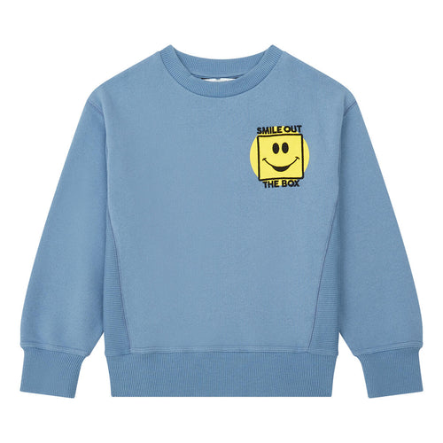 Hundred Pieces denim blauwe jongenssweater met 'Smile out of the box' print. | Verkrijgbaar bij Little Fashion Addict 