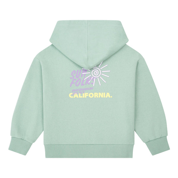 Hundred Pieces mintgroene jongenshoodie met lila 'California' print vooraan. | Verkrijgbaar bij Little Fashion Addict voor jongens vanaf 6 tot 12 jaar