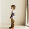 Lucky Bird Sweater van Jenest voor jongens, met contrasterende mouwen in plum en hazelnut en een zwaluw-patch op de rug. | Verkrijgbaar bij Little Fashion Addict