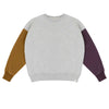 Lucky Bird Sweater van Jenest voor jongens, met contrasterende mouwen in plum en hazelnut en een zwaluw-patch op de rug. | Verkrijgbaar bij Little Fashion Addict