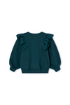 Sweater voor meisjes in diepzeeblauw (donkergroen) met ronde hals en ruffles aan de mouwen van Letter To The World | Verkrijgbaar bij Little Fashion Addict