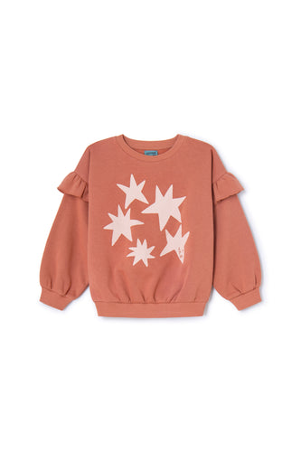 Zandkleurige meisjessweater met sterrenprint en ruches van Letter To The World | Verkrijgbaar bij Little Fashion Addict