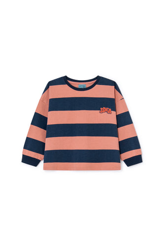 Gestreept meisjes T-shirt met lange mouwen en 'idea' patch, roze en donkerblauw van Letter To The World | Verkrijgbaar bij Little Fashion Addict