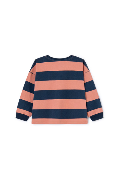 Gestreept meisjes T-shirt met lange mouwen en 'idea' patch, roze en donkerblauw van Letter To The World | Verkrijgbaar bij Little Fashion Addict