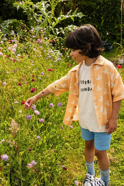 Zachte terry T-shirt Sorbet Sunday voor jongens in off-white met print uit de Sorbet Sunday collectie van Sproet & Sprout | Verkrijgbaar bij Little Fashion Addict