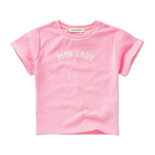 Zacht T-shirt voor meisjes in Summer Sorbet kleur met roze 'PINK LADY' print uit de Sorbet Sunday Collectie van Sproet & Sprout. |  Verkrijgbaar bij Little Fashion Addict