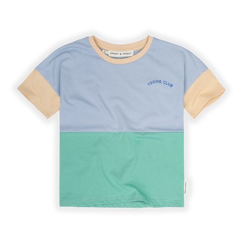 Jongens T-shirt in Misty Blue met beige en groen kleurblokken uit de Sorbet Sunday Collectie van Sproet & Sprout. | Verkrijgbaar bij Little Fashion Addict