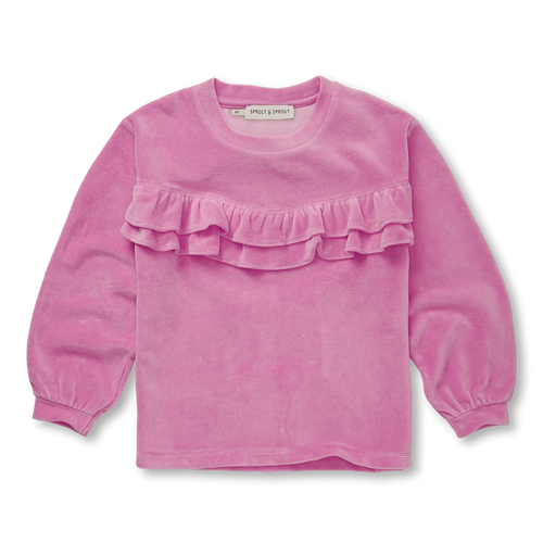 Velvet Sweater Ruffle in purple pink van Sproet & Sprout's Hotel de Botel collectie | Verkrijgbaar bij Little Fashion Addict