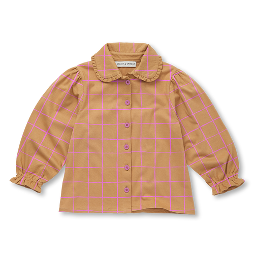 Denim blouse voor meisjes in light mustard met purple pink strepen van Sproet & Sprout | Verkrijgbaar bij Little Fashion Addict