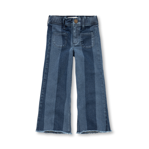 Denim Flare Pants voor meisjes in donkerblauw met verticale strepen en knoopsluiting van Sproet & Sprout | Verkrijgbaar bij Little Fashion Addict