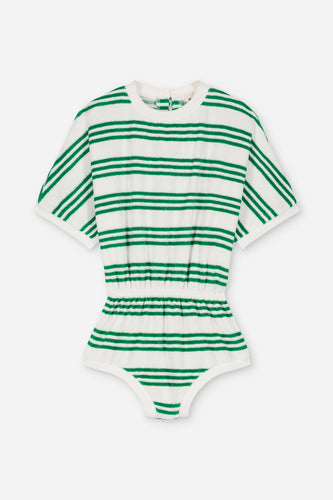 Combi Romy Terry Green Sporty Stripes | Jumpsuit met donkergroene strepen voor meisjes vanaf 4 jaar uit de collectie Mare e sole van We Are Kids. Verkrijgbaar bij Little Fashion Addict