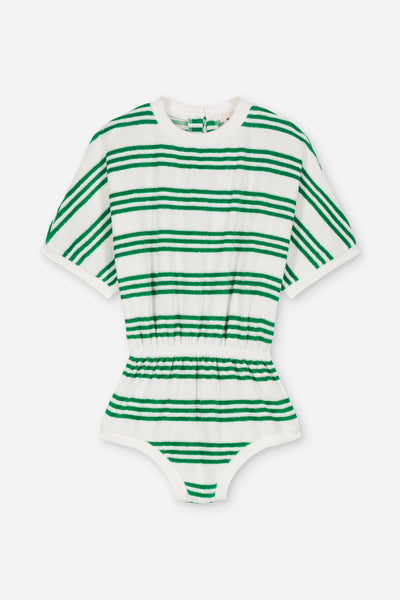 Combi Romy Terry Green Sporty Stripes | Jumpsuit met donkergroene strepen voor meisjes vanaf 4 jaar uit de collectie Mare e sole van We Are Kids. Verkrijgbaar bij Little Fashion Addict